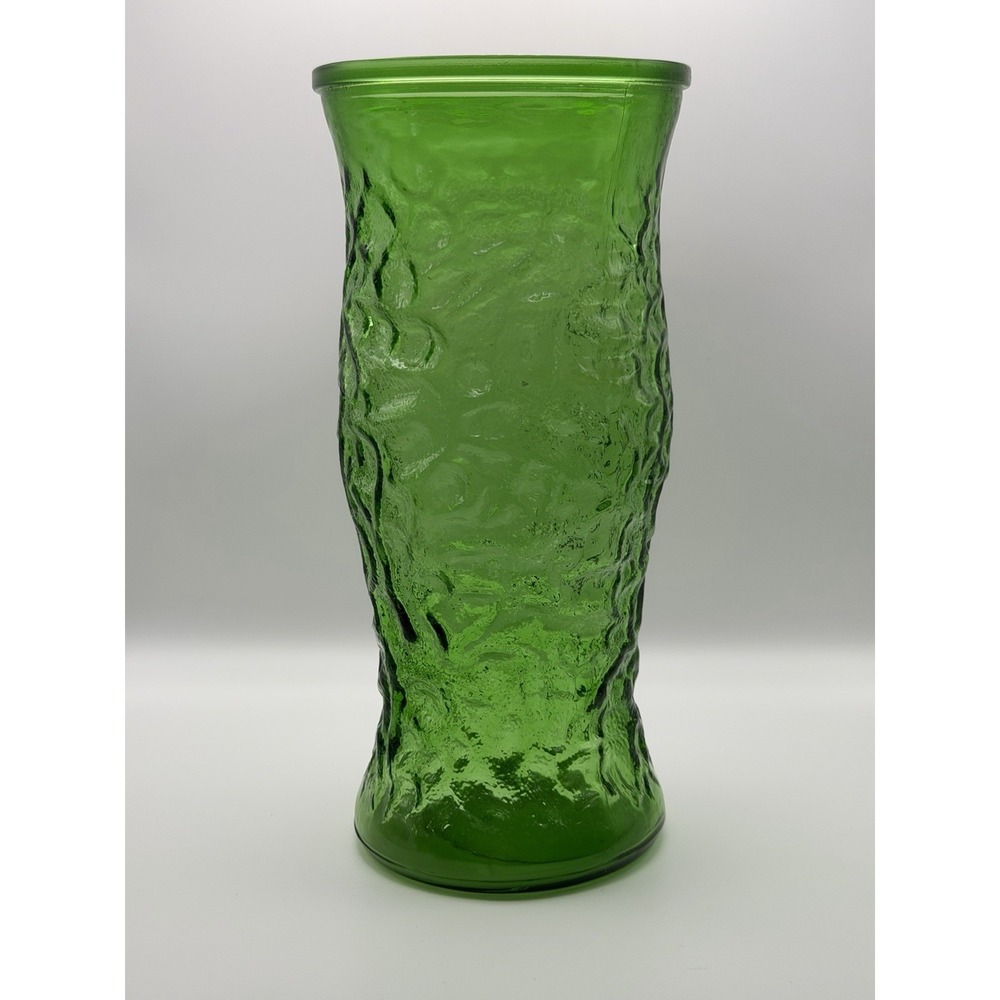 Vintage Art Glass Vase Green Lido Crinkle Tall Textured MCM 9.5"